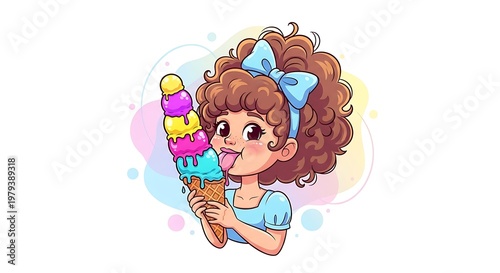 Little girl eating colorful ice cream.