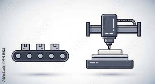Automated Manufacturing Process with Conveyor Belt and CNC Machine.