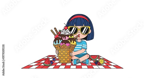 Little girl having picnic outdoors happily.