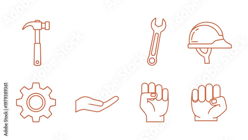 Industrial Icons Collection: A set of minimalistic line art icons featuring essential tools and elements associated with industry and construction.