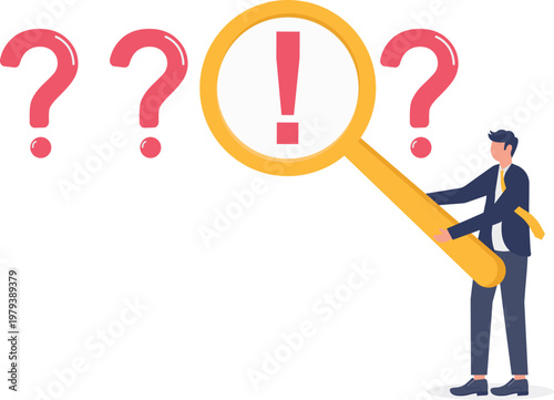 Professional with magnifying glass checking alert icons