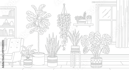 Various indoor house plants arranged in a cozy living room space featuring a fiddle leaf fig a monstera deliciosa and a hanging plant for a beautiful black and white coloring page