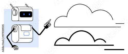 Artificial intelligence, technology education, cloud computing, innovation, futuristic , data interaction. A robot pointing at two cloud visuals. Artificial intelligence and technology education