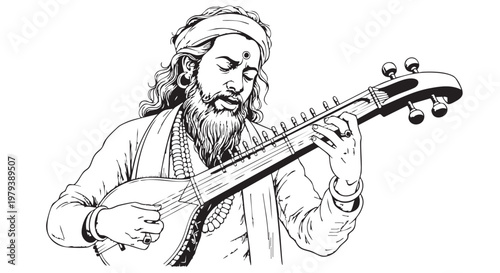 Vector illustration of a man playing a stringed instrument, traditional music, folk culture, musical heritage
