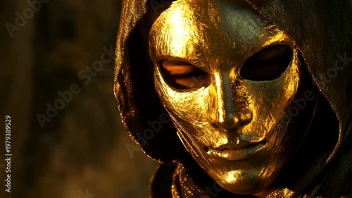 Mysterious figure with golden mask in dark surroundings
