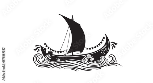 Viking ship, sailing boat, black illustration, wave design, nautical icon