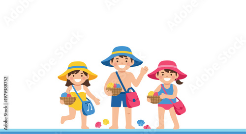 Three happy children wearing colorful sun hats and swimwear stand together on a beach, holding baskets filled with various seashells.