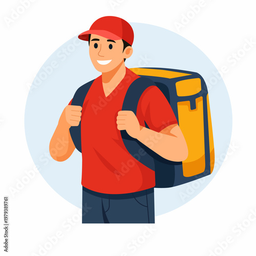Flat vector illustration of a delivery courier character with backpack, isolated design suitable for delivery service, logistics, and ecommerce concepts.