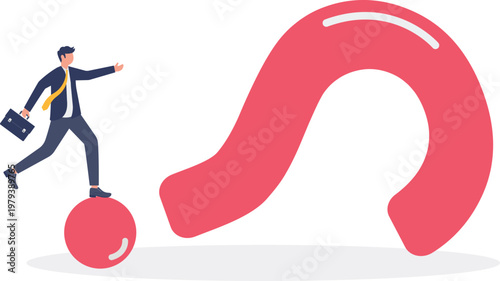 Professional walking on a giant red question mark