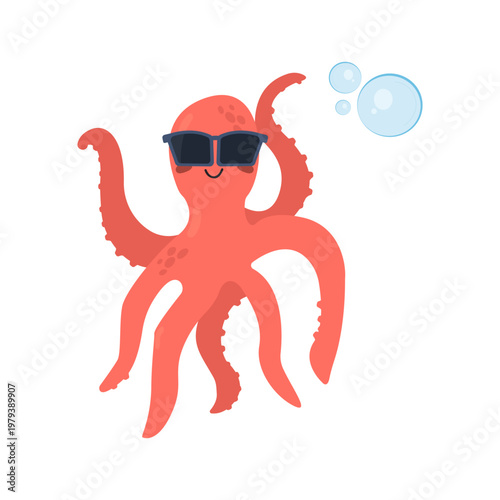 Red Octopus Vector Illustration with Water Bubbles Isolated on White Background.