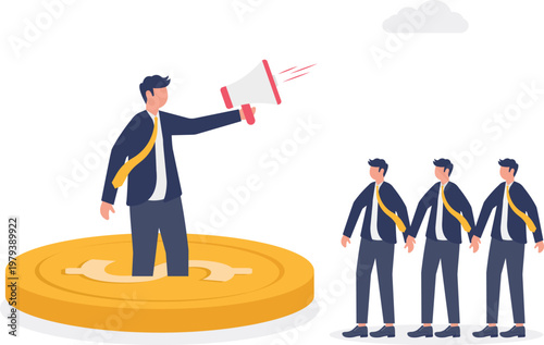 Professional with megaphone standing on a gold coin