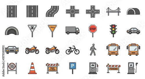 Collection of Transportation and Road Icons.