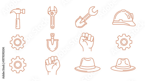 Essential Tools: A collection of simple line art of essential tools. A set of illustration designed to depict the essence of manual labor and industrial precision.