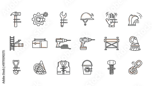 Construction Tools and Safety Icons: A comprehensive set of construction and safety icons, neatly arranged, representing a range of tools and protective equipment essential for construction work. 