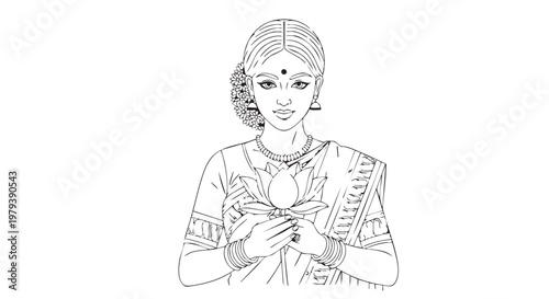 Indian woman, traditional attire, sari, cultural illustration, vector icon