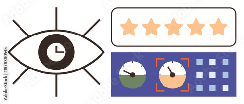 Monitoring systems, time tracking, data analysis, performance evaluation, quality control, productivity tools. Eye symbol, star ratings dials and grid icons. Monitoring systems and time tracking