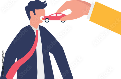 Giant hand feeding a car to a professional's mouth