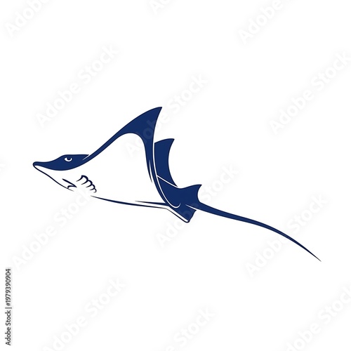 Dark blue stingray swimming left.