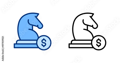Strategy thin line, solid icon set. Business, Investment, Wealth Management, Dollar, Financial Trading concept. Black, blue outline vector knight piece icons.
