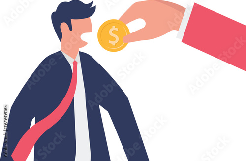 Giant hand feeding a gold coin to a professional's mouth