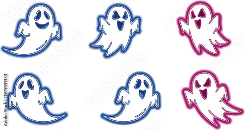 Collection of six cartoon ghost icons in blue and pink outlines on a white background with playful expressions.