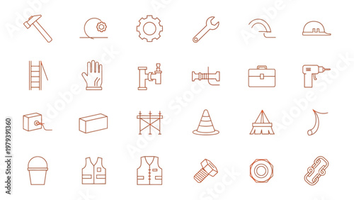 Construction Essentials Icons: An organized display of construction tools, embodying the fundamental elements needed for effective building and infrastructure development.