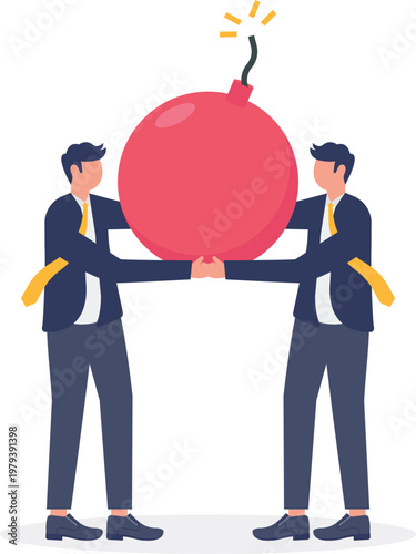 Two professionals carrying a giant red bomb together