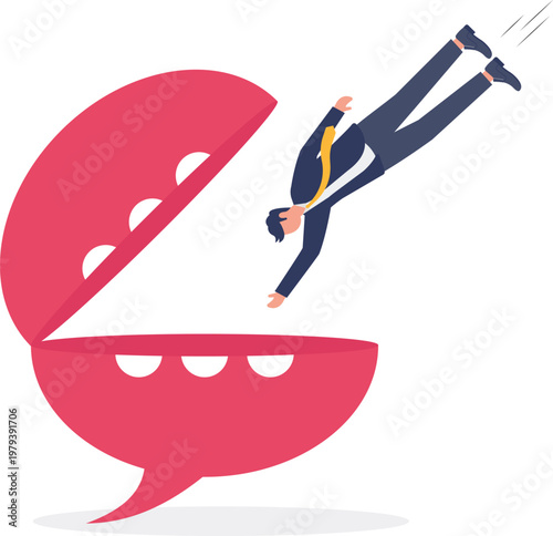 Professional falling into a giant open mouth trap