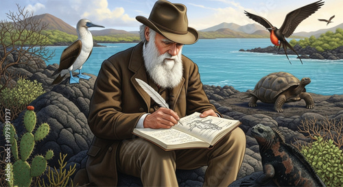 A smiling senior cowboy and a young boy outdoors in nature, where one person is a fisherman with a fish while the other is an old man reading a book on the beach