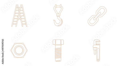 Construction Icons: A collection of meticulously designed line art icons representing essential tools and hardware elements commonly found in construction projects.