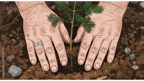 Hands Planting Sapling Tree, Environmental Conservation, Reforestation Project, Sustainable Future