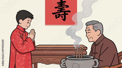 Young boy greets older man during celebration in traditional setting with incense burning and decorations in background