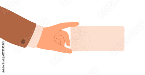 Hand holding blank card, advertising, showing empty paper background. Business arm with message, comment, feedback, opinion, speech bubble between fingers. Flat vector illustration isolated on white