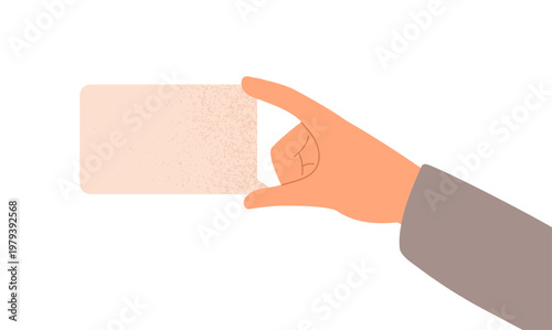 Hand holding blank speech bubble card, showing empty clean paper. Arm with ab...