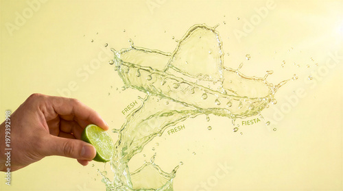 The hand squeezes a slice of lime with dynamically splashing juice. Cinco de Mayo Celebration Concept with Colorful Drinks and Tropical Refreshments.