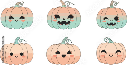 Flat lay of five cartoon pumpkins with different smiling faces on a white background, in a playful and festive arrangement.