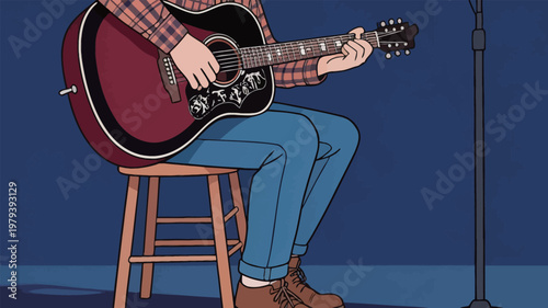 Person plays guitar on a wooden stool in a small venue during a music event at night