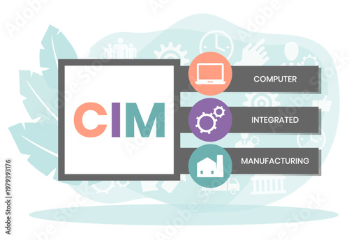 CIM, COMPUTER INTEGRATED MANUFACTURING acronym. Concept with keyword and icons. Flat vector illustration. Isolated on white.