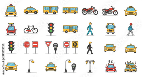 Collection of Transportation Vehicles and Road Signs.