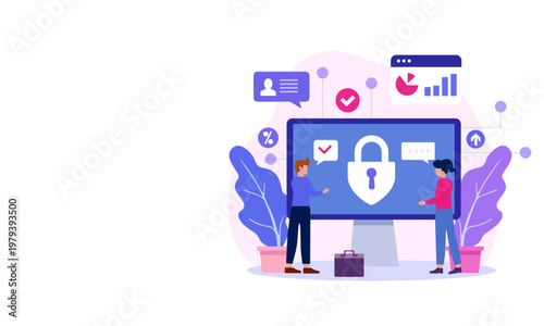 Internet cybersecurity, internet safety, or information privacy. Flat vector illustration, banner, and protection with space for text.