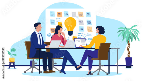 Creative business team collaborating around table with laptops and large light bulb idea icon, professional colleagues brainstorming with sticky notes in office, flat design vector illustration