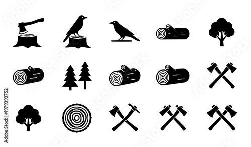 Lumberjack icon set with axe stump crow and timber logging symbols flat vector isolated on white background