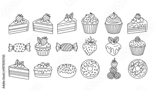 Dessert coloring page vector set with cake cupcake candy and berry sweets line art isolated on white background