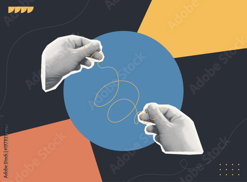 Trendy halftone collage of two person hands connected by a golden thread on dark geometric background, flat design concept for human connection, relationship, communication, and togetherness.
