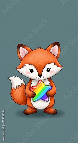 Cute cartoon fox with rainbow flag.
