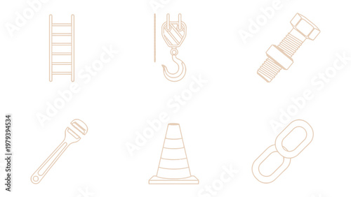 Construction Tools: A collection of essential construction tools, including a ladder, hook, bolt, wrench, traffic cone, and chain link, are artfully arranged, each piece ready for its intended task.