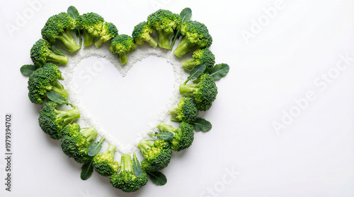 Broccoli flowers are arranged in a heart shape on a white background.  Dietary health concept for balanced nutrition and healthy lifestyle.