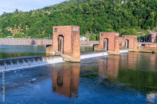 Neckar Barrage for inland navigation in Heidelberg. Weir with Hydroelectric Power Plant.