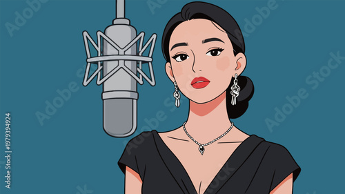 Woman with Microphone in Fashionable Attire