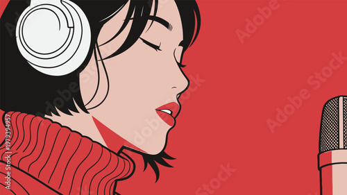 Woman Singing with Headphones and Microphone